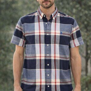 US Polo Assn Shirt Mens XL Short Sleeve Button Up Plaid Blue Casual
